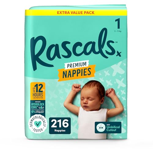 Rascals Premium Nappies Size 1, 216 Count, Feather-Soft