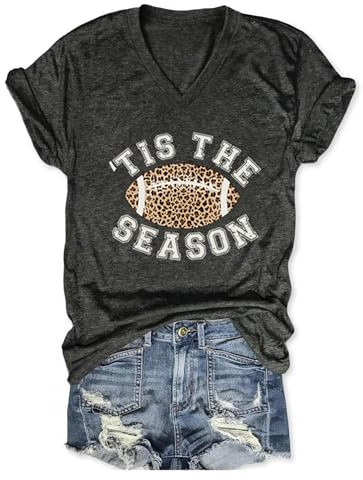 FCGHSII Game Day Football Shirts for Women: Football Mom T-Shirts Gameday Outfits Funny Vneck Short Sleeve Tees