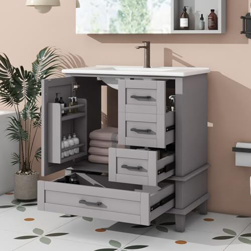 Sweiko Armoire de Salle de Bains avec lavabo76x46x83,5cm,Meuble sous lavabo Salle de Bain avec étagères de Porte,Trois tiroirs Silencieux,lavabo en céramique Monobloc (Grey + Ceramic+MDF + Modern)