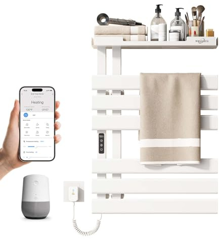 WRJAHCG Secador Toallas Electrico De Pared,Toallero Electrico baño WiFi Control por Voz,Radiador Calentador De Toallas con Estante Y Pantalla Led,115-155 °F,6 Postes Ensanchados,Blanca