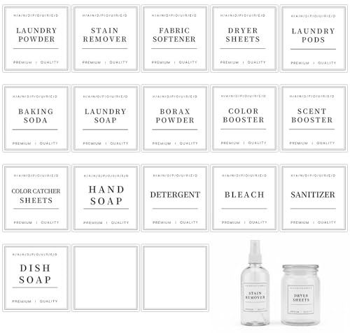 Laundry Labels 18 Pcs Waterproof Laundry Room Labels for Jars, Bathroom Label for Organizing Pray Bottles and Detergent Dispensers, Preprinted Room Organization Label Set