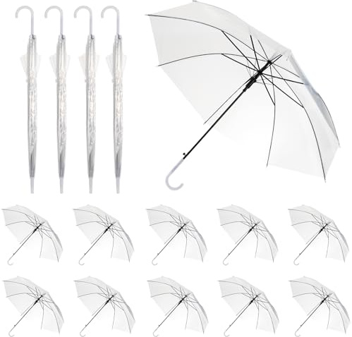 CODOHI Lot de 15 parapluies transparents de 95 cm pour mariage, grand parapluie blanc transparent en plastique transparent à 8 baleines avec poignée semi-automatique pour femme, homme, mariée