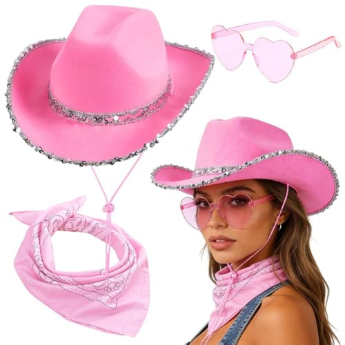 FCXVXCL Chapeau de Cowboy Pour Femme 3Pièces Rose Chapeaux de Cowboy Avec Paillettes et Feather Heart Sunglasses Femmes Foulard Set Adaptés Pour Halloween Les Fêtes À Thème