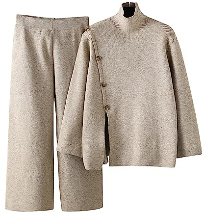 Completo Lana Donna Casual Complete Tailleur In Maglia Girocollo Maglia a Maniche Lunghe Pullover Top Elastico In Vita Pantaloni a Gamba Larga Elegante Tuta Completa Donna Set Casa Autunnale Invernale