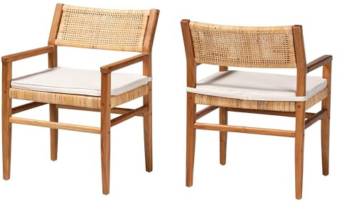 Bali & pari Chatura Natural Rattan and Mahogany Wood 2-Piece Dining Armchair – Handwoven Wicker Dining Chair with Angled Back, Coastal Boho Seating for Dining or Kitchen