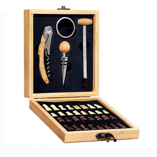 Professional Cockscrew Wine Opener with Wine Thermometer Bottle Stopper Drip Stop Ring and Chess Set Wooden Gift Box (Wood Color)