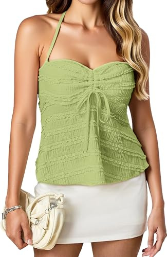 Ausing Women's Sleeveless V Halter Neck Clothing Ruched Tank Top for Women UK Babydoll Y2K Tops Low Cut Going Out Outfits Floral Lace Clothes Gothic Crop T Shirt Slim Fit Sexy Vest Light Green M
