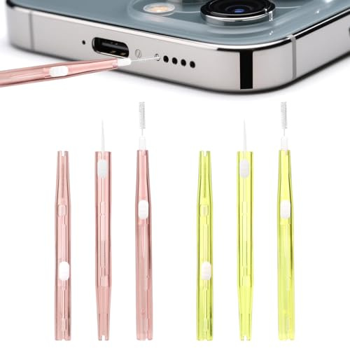 Fukaisu 6st Telefon Laddning Port Rengöring Kit, Plast Mobiltelefon Rengöring Borste med Borstar & Krok Dubbelsidig Damm Avlägsnare för Hörlurar Högtalare Mottagare Öronproppar (Rosa & Gul)