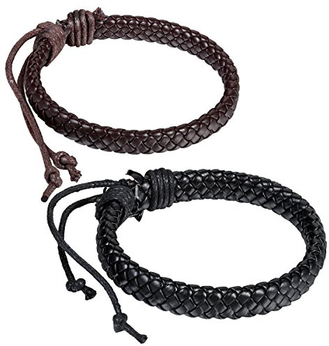 Flongo herr dam flätad svart läderrep vävd wrap surfare manschettarmband, passar 19,3-10,9 cm handled e ej-metall-typ, colore: 2pcs, Black & Brown, cod. FLONGO1632813