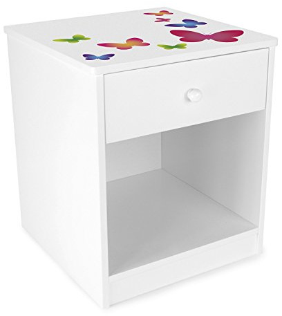 Leomark Chevet avec Un Tiroir Blanc Table de Nuit casier avec 1 tiroir et 1 Niche Petite Commode de Nuit pour Enfant Hauteur 40 cm Motif Papillons