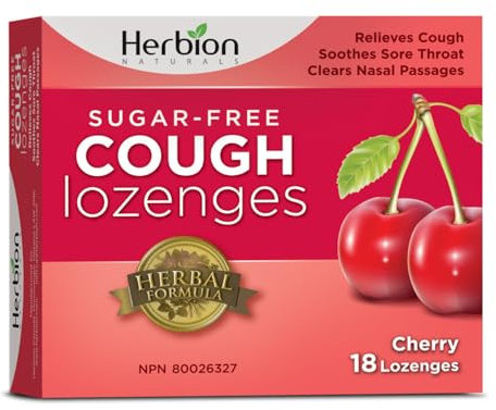 Herbion Naturals zuckerfreie Husten-Lutschtabletten mit natürlichem Kirschgeschmack, beruhigt Halsschmerzen; für Erwachsene und Kinder ab 12 Jahren, 18 Lutschtabletten