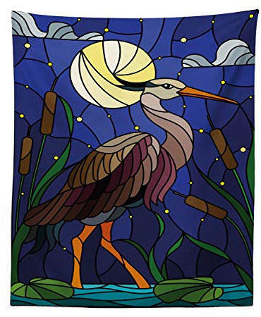 Ambesonne Egret Tapestry, Stain Glass Design Brown Tone Heron Bird at Nighttime with Moon Pond and Reeds, Fabric Wall Hanging Decor for Bedroom Living Room Dorm, 23 X 28, Multicolor