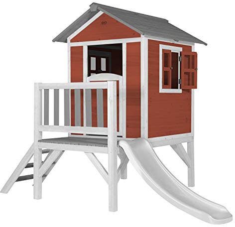 AXI Beach Lodge XL Casetta rosso con scivolo bianco | Casa per bambini su palafitte con veranda in legno FSC | Parco giochi per il giardino.