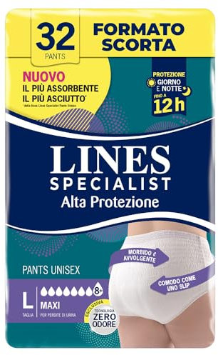 Lines Specialist Pants Maxi Unisex, Mutande Assorbenti per Incontinenza Donna e Uomo, Alta Protezione fino a 12h, Taglia L, Scorta Mensile, 4 Confezioni da 8 Unità