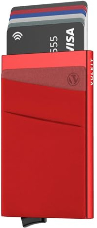 VULKIT Kartenetui RFID NFC Schutz Portemonnaie Herren mit Geldfach Mini Card Holder Wallet für 5-7 Karten und Banknoten, Rot