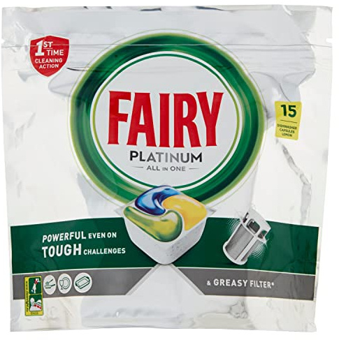 Fairy Platinum - Cápsulas para lavavajillas todo en uno de limón, 15 cápsulas para desafíos difíciles, limpia los residuos de grasa en el filtro