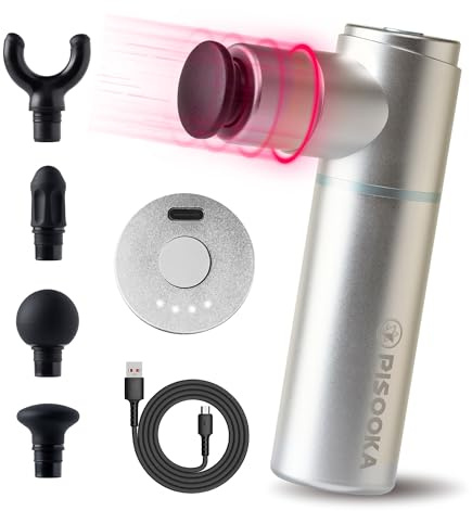 PISOOKA X Muscle Massage Gun - Hand Massager with 4 Attachments & 4 Levels Deep Tissue Massage for Back, Neck, Thighs, Fascia Device Against Tension, Quiet & USB-C (Silver)