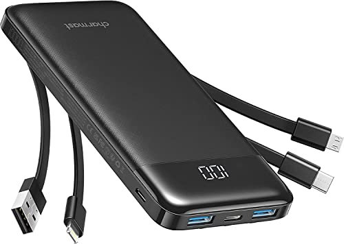 Charmast Power Bank 10000mAh con Cables Integrados,USB C Cargador Portátil 5V/3A Batería Externa portátil Pantalla LED Digital con 6 Salidas y 3 Entradas para iPhone Samsung Huawei Xiaomi