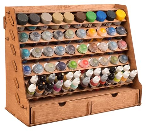 Plydolex Wooden Paint Organizer - 65 Holes of 2 Sizes for Citadel, Vallejo, Tamiya Paint Bottles, 30 Holes for Painting Brushes and 2 Drawers for Miniature Tools - Works for Wall and Desk Use