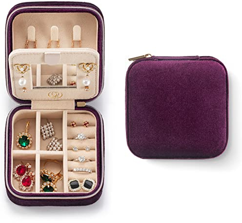 ZPROW Plush Velvet Travel Jewelry Case, Travel Jewelry Organizer, Jewelry Travel Case, Travel Jewelry Box, Small Jewelry Case for Women,Jewelry Travel Box, Earring Organizer with Mirror - Purple