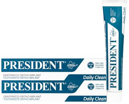 President KIT 2 DENTIFRICIO ORTHO-IMPLANT per portatori di apparecchi ortodontici, impianti dentali, protesi. Azione anti carie. massima protezione da irritazioni gengivali. RDA 30. 2X75ml