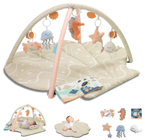 Suihuooo Baby Play Mat, Ocean Shell Theme Playmats & Floor Gyms, Baby Play Gym with 6 Detachable Activity Toys, Early Sensory Development Play Mat for Infant & Newborn (Beige)
