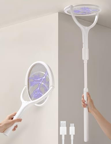Tête Rotative Raquette Electrique Insectes Rechargeable Raquette Moustique Electrique Raquette Anti Moustique Electrique Tapetteà Mouche Electrique Tue Attrape Mouche, d'une Rallonge Télescopique