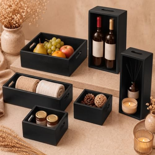 Yetene Set of 6 Wooden Storage Boxes with Handles Nesting Farmhouse, Black