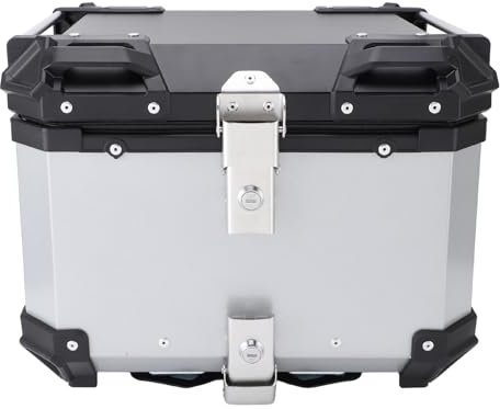 BOROCO Baúl Superior para Motocicleta de 45 litros Forro de Cuero de Liberación Rápida Caja de Almacenamiento Trasera para Casco de Aleación de Aluminio con Respaldo y Asa Plata