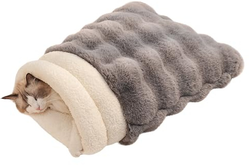 SOMAHE Cat Sleeping Bag for Indoor Cats, Faux Fur Pet Cave Bed & Burrow Nest, Reversible Plush Snuggle Sack, Portable Foldable Mat, Machine Washable, Anti-Static, 21.7x17.7Grey