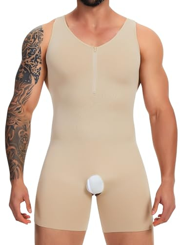 SLIMBELLE Shapewear - Camiseta interior para hombre, con control de abdomen, moldeadora de cuerpo completo, sin costuras, ligera, moldeadora, Beige - con cremallera, L