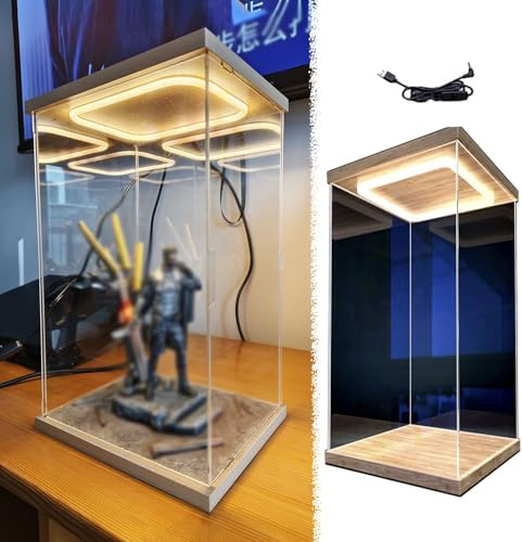Vitrina de Acrílico Vitrina Alta de Acrílico Iluminada, Caja de Exhibición de PVC para Figuras Coleccionables, Vitrina para Trofeos con Base de Madera, Vitrina Pequeña para Guardar Objetos(15x15x20cm/