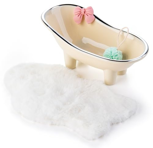 Minamzee Baignoire miniature blanche 1:12 avec boule de bain bleue et tapis, meuble de salle de bain pour maison de poupée, accessoire de décoration d'intérieur (beige)
