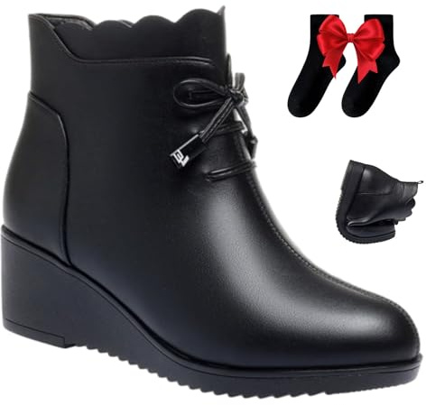 Botines ortopédicos de piel auténtica con cordones para mujer, con plataforma de cuña, botas de invierno cálidas con cremallera lateral y forro de piel, Cuña negra, 37 EU
