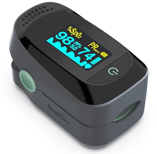 SimpliCare Fingertip Pulse Oximeter, Blood Oxygen Monitor SpO2 O2 Sensor & Heart Rate Monitor, Pulse Ox with PI & Plethysmograph, Color OLED Display 4-Way Rotation, 40H Battery, EVA Case (C101A2)