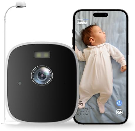 Smart babymonitor med golvstativ, 2K spjälsängskamera med AI andningsmonitor, inga bärbara WiFi-babykamera, mörkerseende, sömnspårare, gråt- och rörelsevarningar, blöja och matningsskiva 1 st W