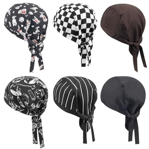 6 Piezas Gorros de Cocina Ajustables, Bandana Chef Unisex Estilo Japonés para Hombre y Mujer, Gorro Cocinero Profesional (Negro, Marrón, Rayas, Cuadros, Cubiertos) para Restaurante