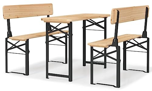 Mhdvray Ensemble Table à Bière Pliante 3 Pièces en Bois de Sapin Massif et Métal, Mobilier de Jardin pour Camping Pique-Nique et Barbecue, Table 115,5 cm avec 2 Bancs Assortis
