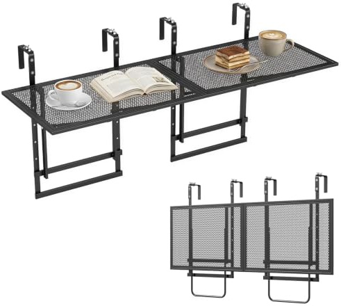COSTWAY Lot de 2 Tables de Balcon Suspendue Pliable | Table de Bar Rabattable Hauteur Réglable 5 Niveaux avec Crochets Ajustables Plateau Maille, Patio Terrasse Jardin