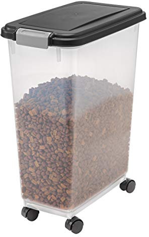 IRIS USA Airtight Dog Food Storage Container, Up to 38 lbs, Attachable Wheels, For Dog Cat Bird and Other Pet Food Storage Bin, Keep Fresh, Translucent Body, Easy Mobility, Black