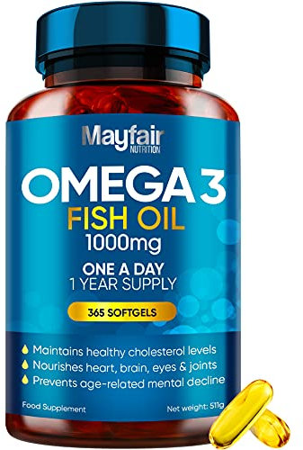 Omega 3 1000mg Capsules - 365 Fish Oil Tablets with EPA & DHA - One a Day - Supports Heart, Vision, & Brain Health - 1 Year Supply - Made in UK
