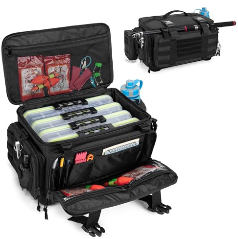 DSLEAF Waterproof Tackle Box Bag with Rod Holder, Soft Fishing Tackle Storage Bag with Non-Slip Base for Saltwater or Freshwater Fishing (Patent Design), Only Bag