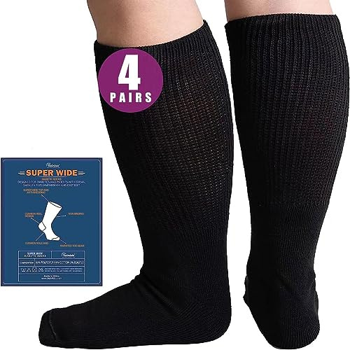 Bulinlulu Extra Wide Diabetic Socks for Men & Women, 4 Pairs Hospital Socks for Swollen Feet, Lymphedema, Edema, Cast, Bariatric, 4 Black