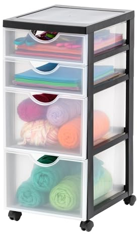 Iris Ohyama Kunststoff-Schubladenbox mit Rollen, 2 tiefe und 2 flache Schubladen, Schwarz, Griffe zum Ziehen, Für Schlafzimmer, Schule & Büro, BPA-frei, Schubladenschrank, Rollcontainer, DDDC-322