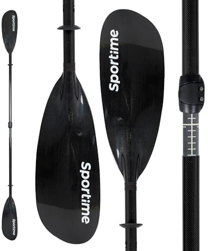 Sportime Kajak Paddel Voll-Carbon | 4-teilig, schwimmbar | L: 210-222 cm | Blatt 17x46 cm | 930 g | Ideal für Touren | Schwarz, Klavierlackoptik