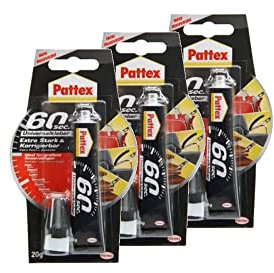 Pattex 60sec. Universalkleber, Alleskleber für Haushaltsreparaturen, schnell klebend in nur 60 Sekunden, starker Kleber für vielfältige Materialien, 3x20g Tube