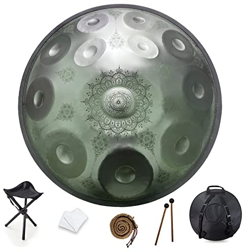 12 Note Handpan da 22 Pollici, Re minore 432 Hz Strumento a percussione Tamburo d'Acciaio, Prestazioni Musicali Mandala Strumento Musicale curativo Fatto a Mano Regalo Argento