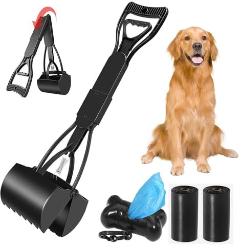 DONJIM Faltbarer Hundekotschaufel, 60cm Langer Griff Dog Pooper Scooper, Tragbare Hundekotsammler mit Abfallbeuteln und Spender, Großer Kapazität Schaufel zur Entfernung von Tierabfällen