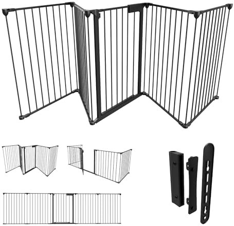 Fiqops Kaminschutzgitter mit Tür 310 cm Metall Ofenschutzgitter Laufstall Absperrgitter mit Sicherheitstür Tierschutzgitter für Kinder-Sicherung Schwarz, 5-teilig Elemente (je 66 x 75 cm)