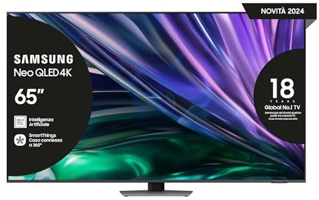 Samsung TV QE65QN85DBTXZT Neo QLED 4K Mini LED, Smart TV 65 Processore NQ4 AI Gen2, Simple Chamfer, DVBT-2, Q-Symphony & Dolby Atmos, Integrato con Alexa, Carbon Silver 2024